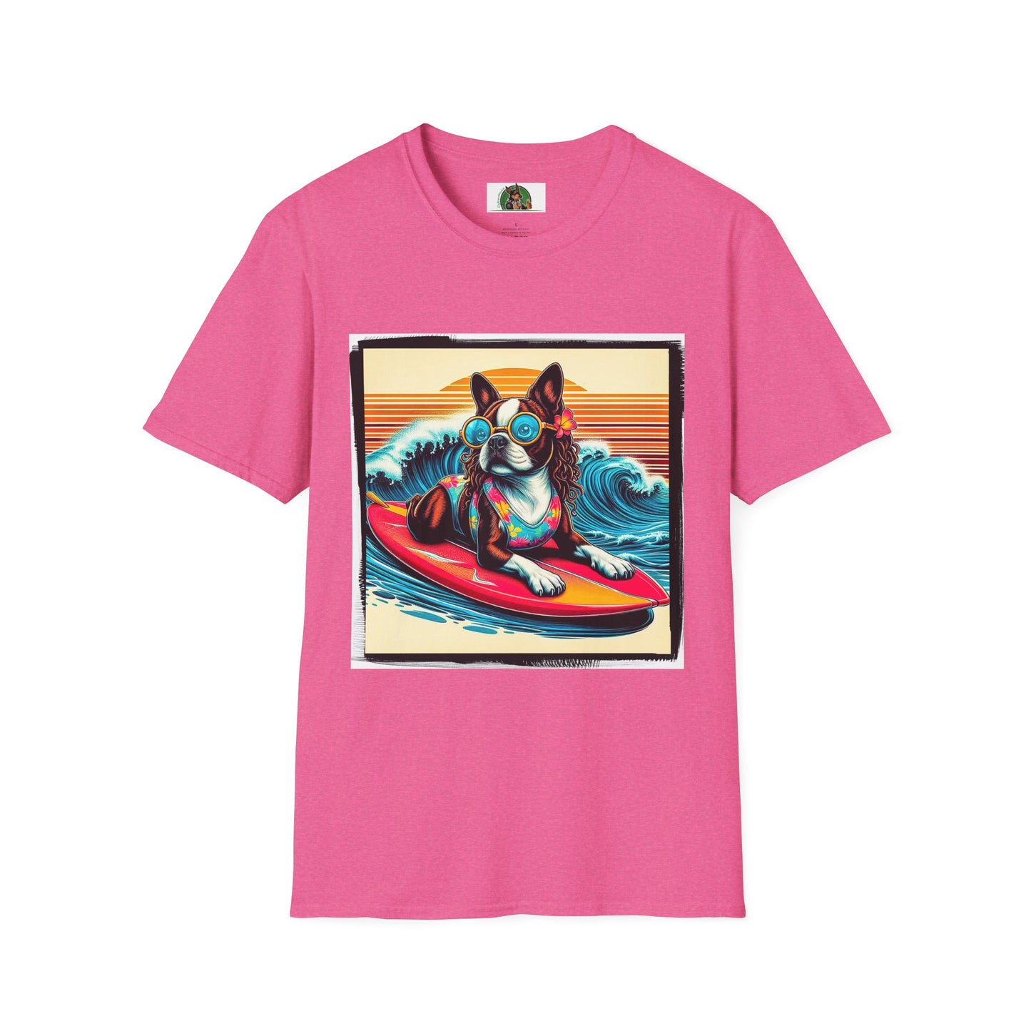 Boston Terrier Surfer Dog T-Shirt Printify S Heather Heliconia