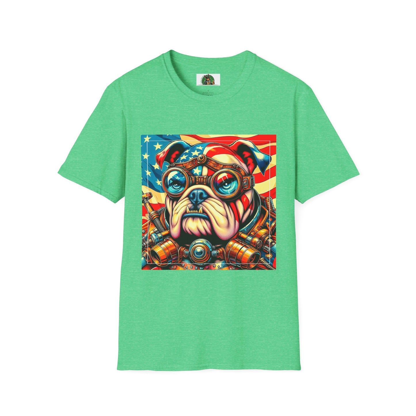 Bulldog Steampunk American Flag T-Shirt Printify S Heather Irish Green