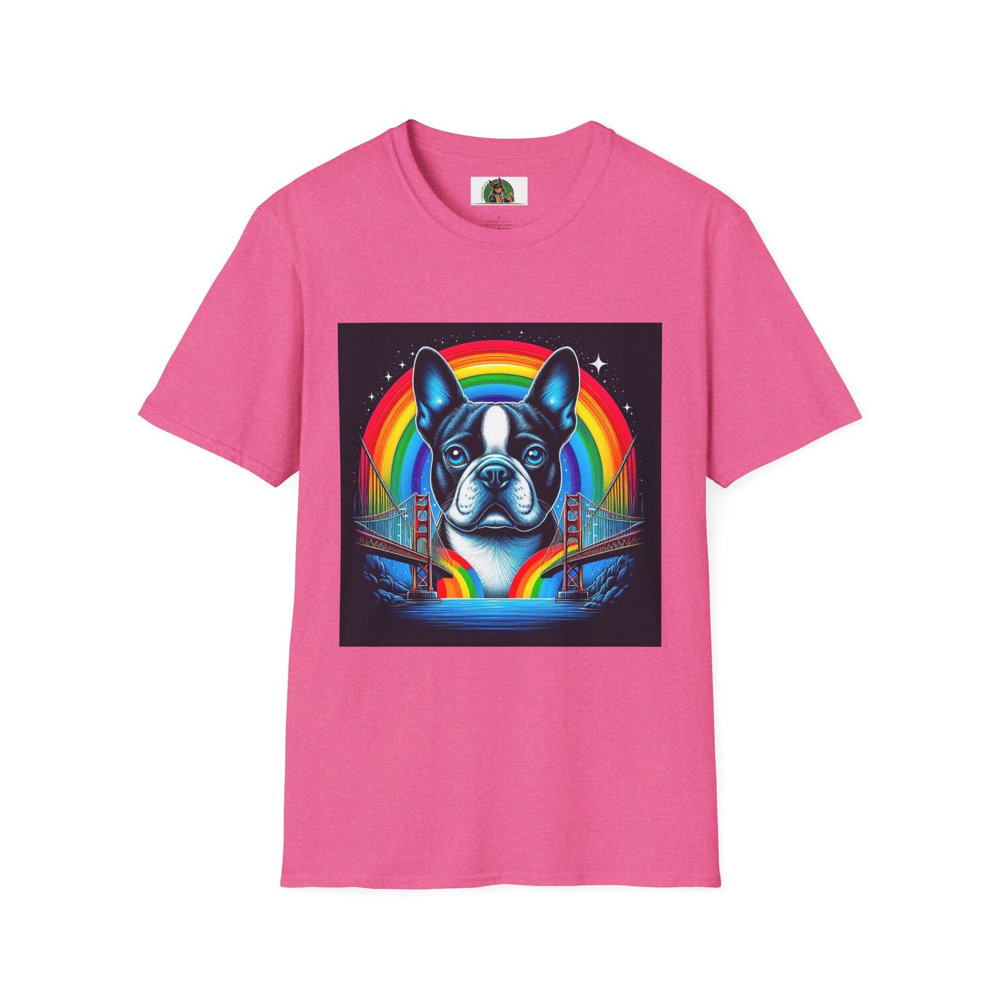 Boston Terrier Dog Overlooking Rainbow Bridge T-Shirt Printify S Heather Heliconia