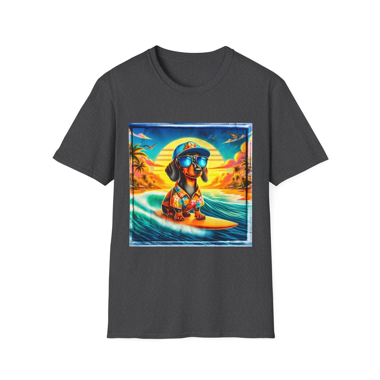 Dachshund surfing t shirt T-Shirt Printify XS Dark Heather