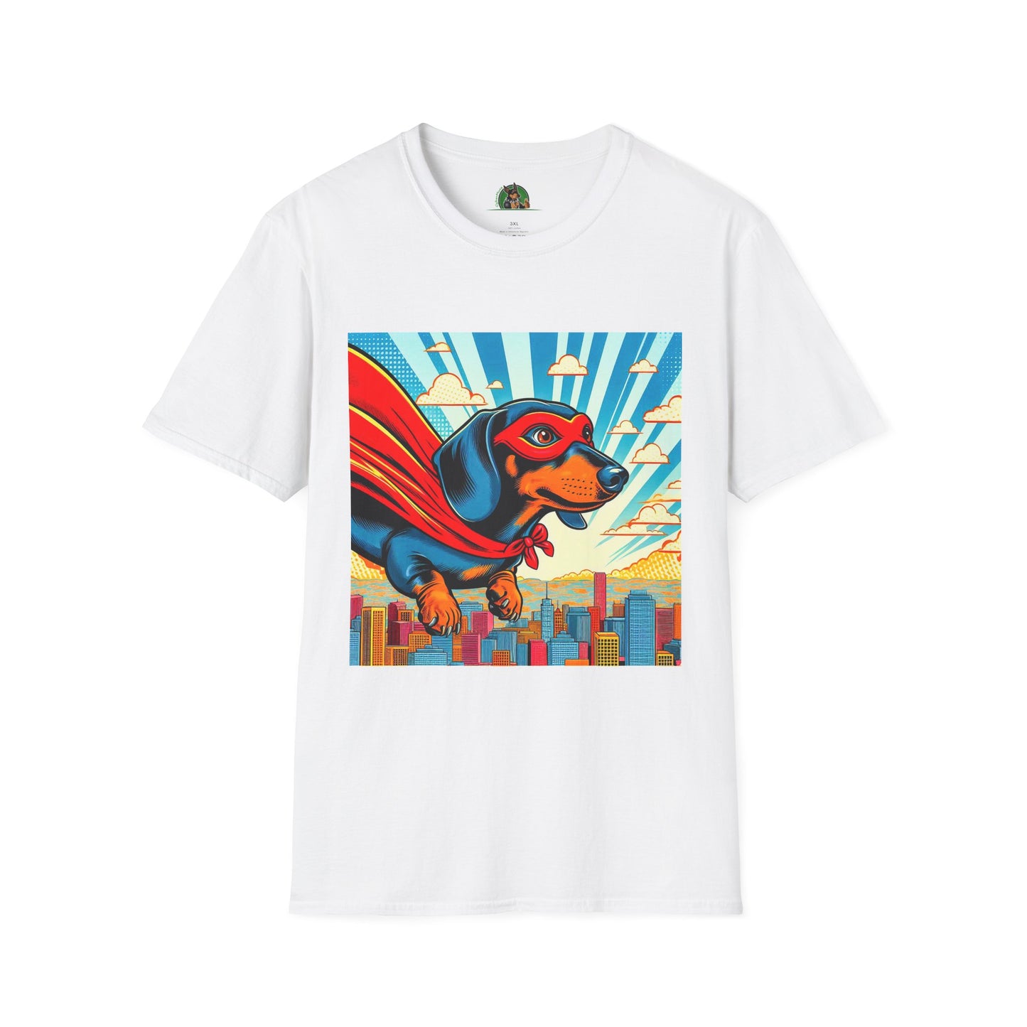 Dachshund flying superhero t shirt T-Shirt Printify White S
