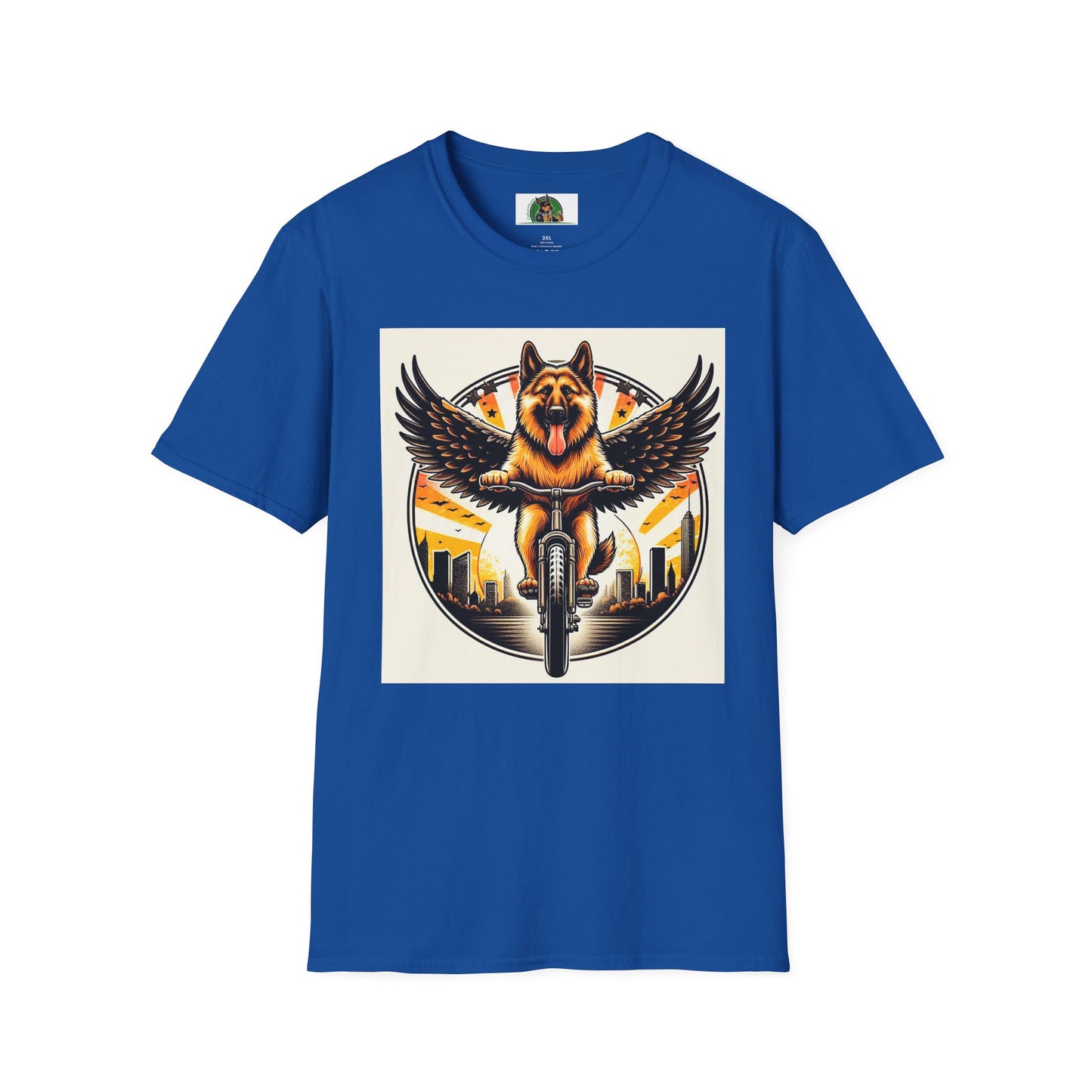 German Shepherd Angel bike riding T-Shirt Printify Royal S