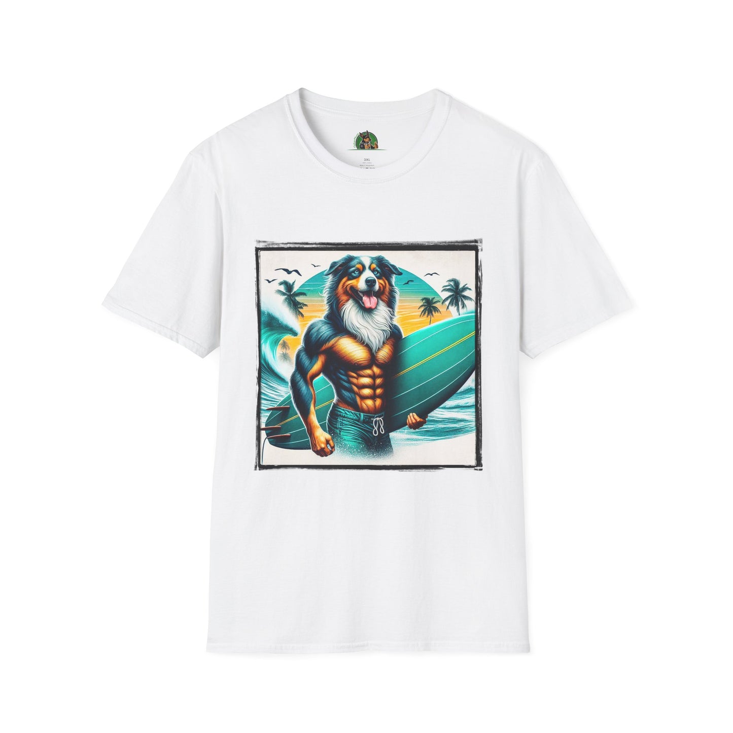 Australian Shepherd Turquoise Surf Board Beach Dog T-Shirt Printify XS White