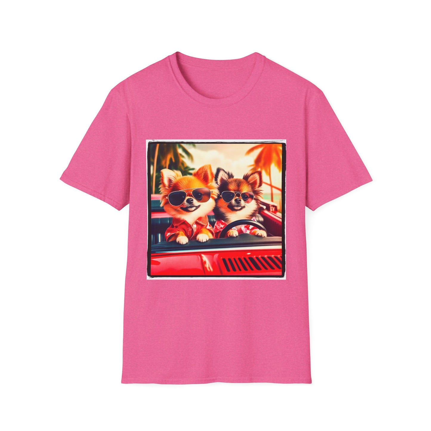 Chihuahua driving beach scene t shirt T-Shirt Printify S Heather Heliconia