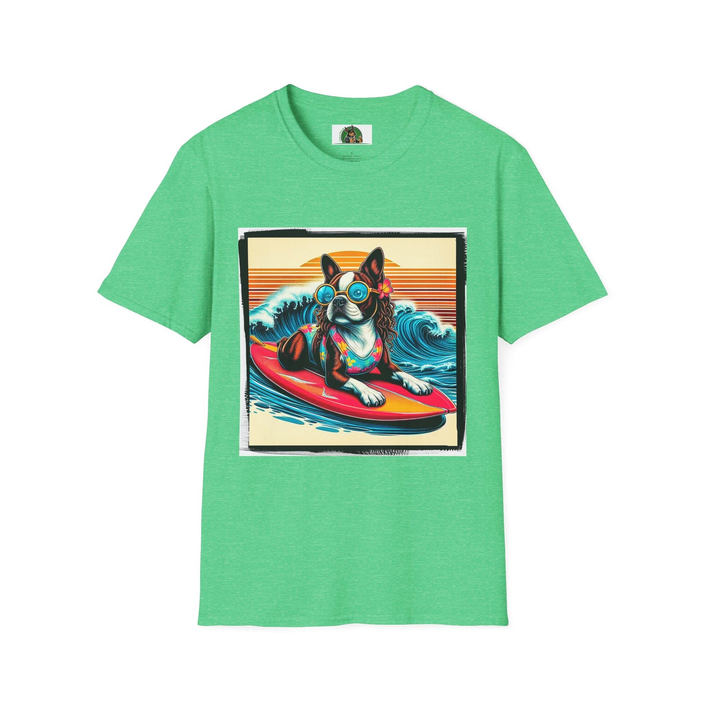 Boston Terrier Surfer Dog T-Shirt Printify S Heather Irish Green