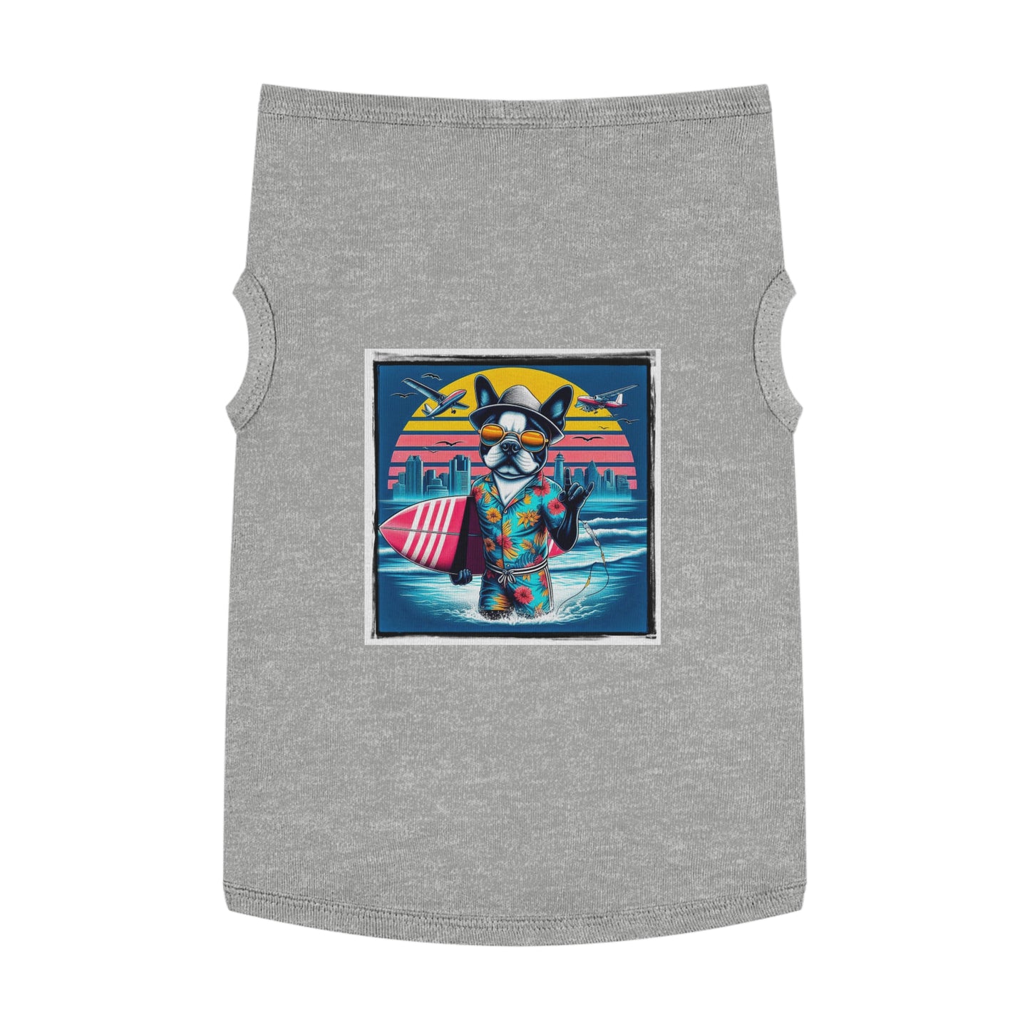 Pet Tank Top Boston Terrier Surfer Dog At Beach Pets Printify XL Heather