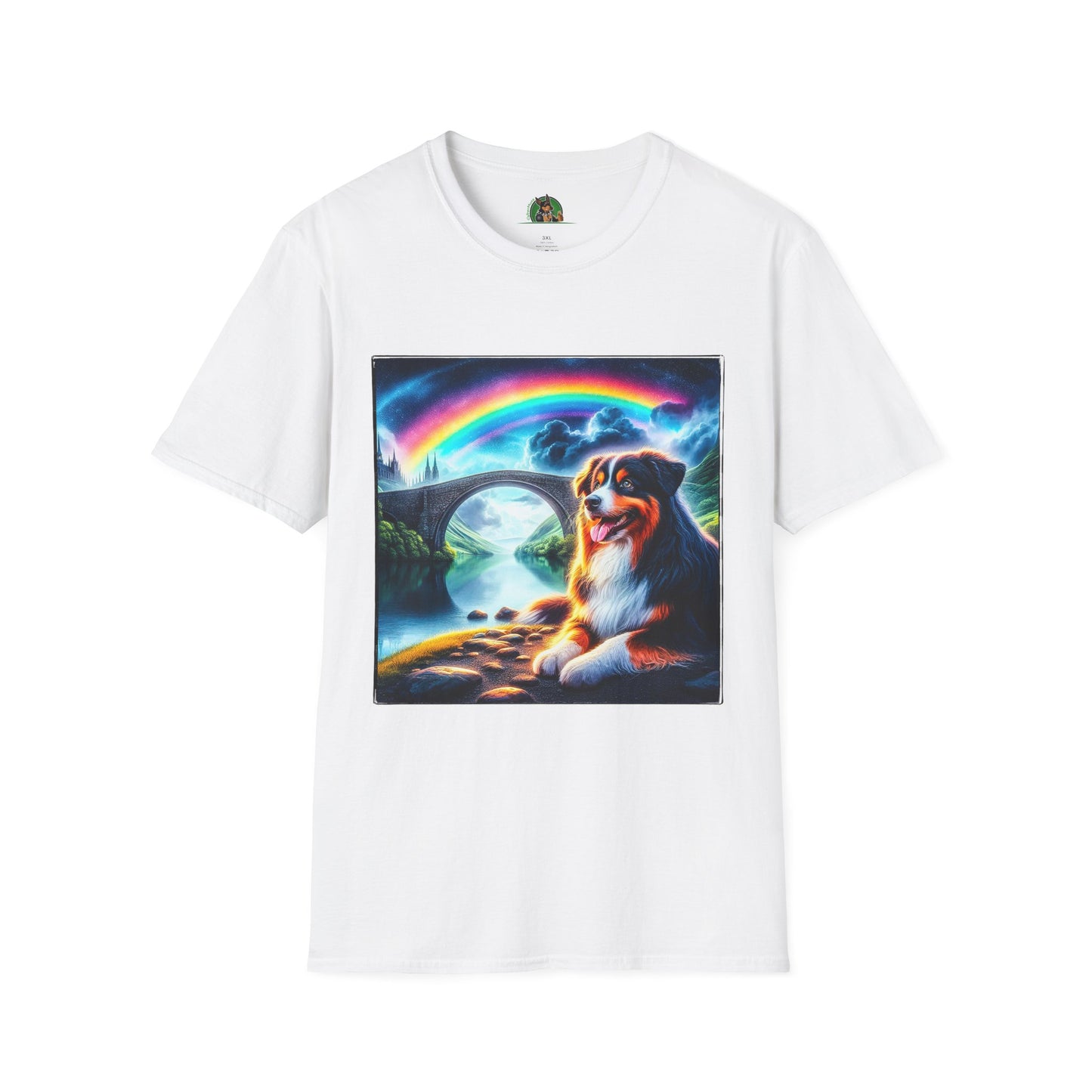 Australian Shepherd Rainbow Bridge And Lake T-Shirt Printify XS White