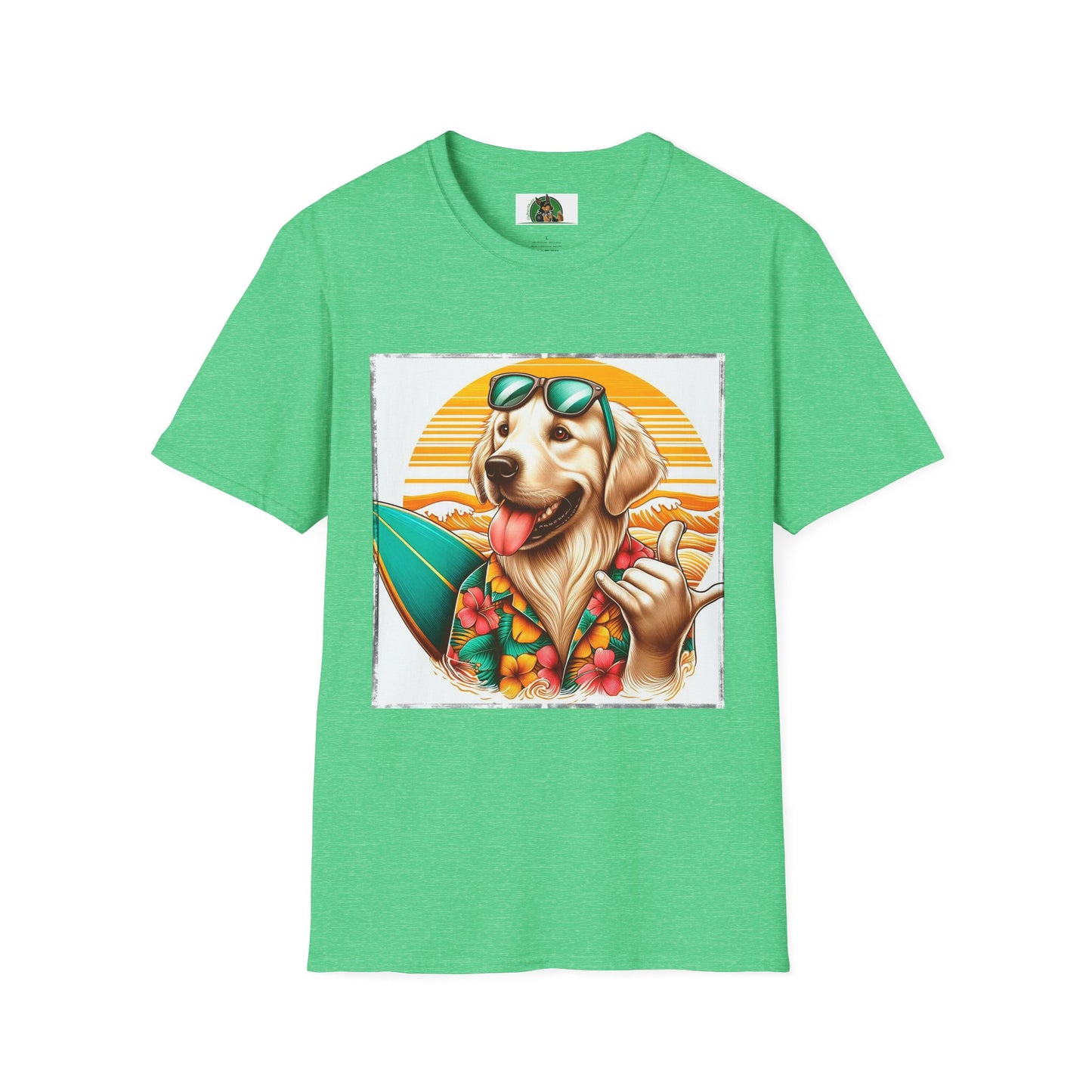 Golden Retriever surfer dog t shirt T-Shirt Printify S Heather Irish Green