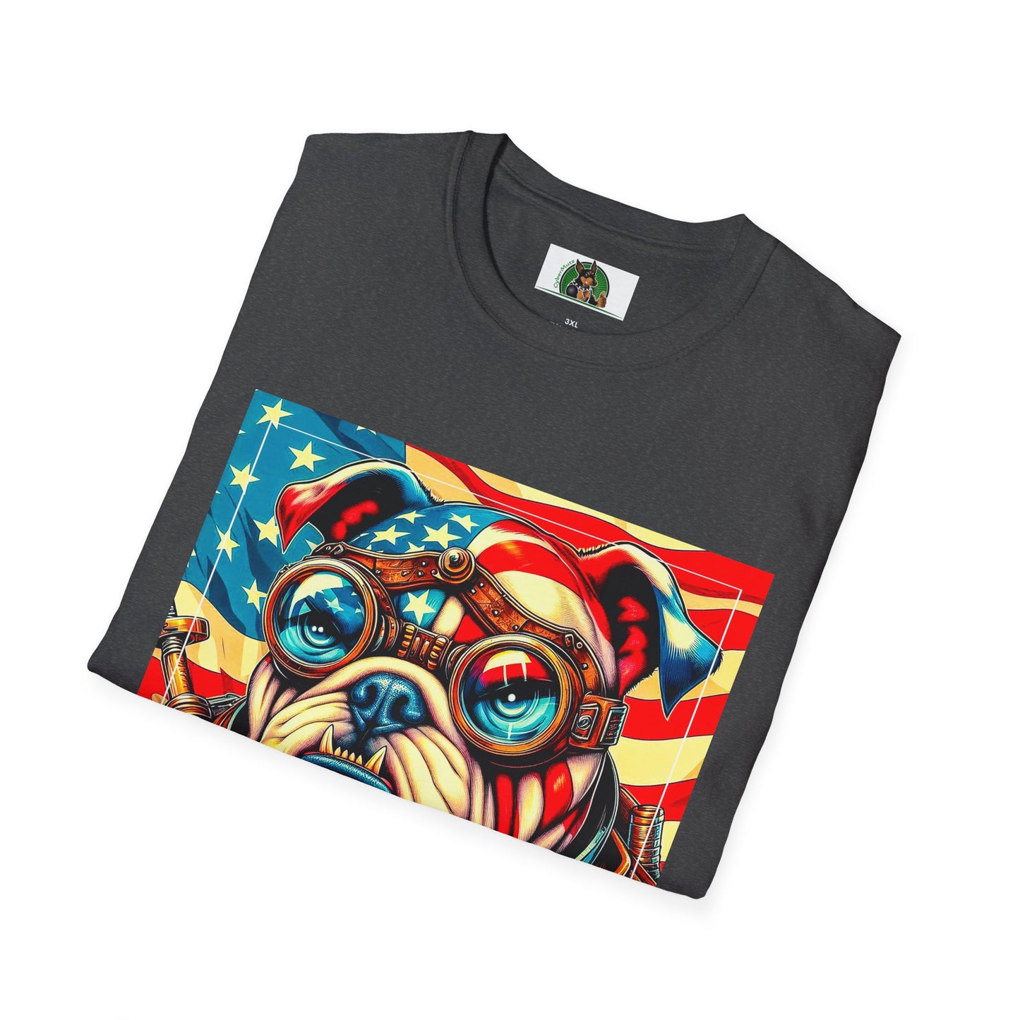 Bulldog Steampunk American Flag T-Shirt Printify