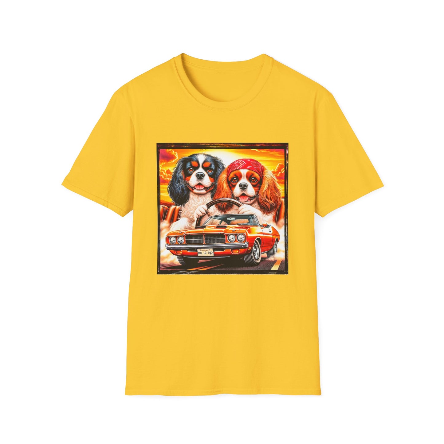 Cavalier King Charles Spaniel Hippie Couple Dogs In Car TShirt T-Shirt Printify S Daisy