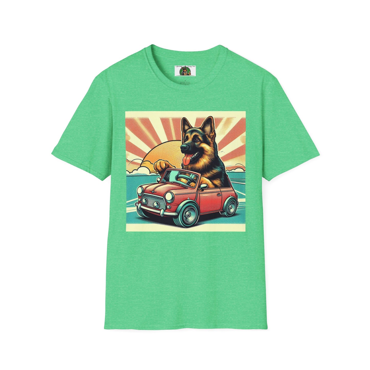 German Shepherd in a Wacky Little Car T-Shirt Printify Heather Irish Green S