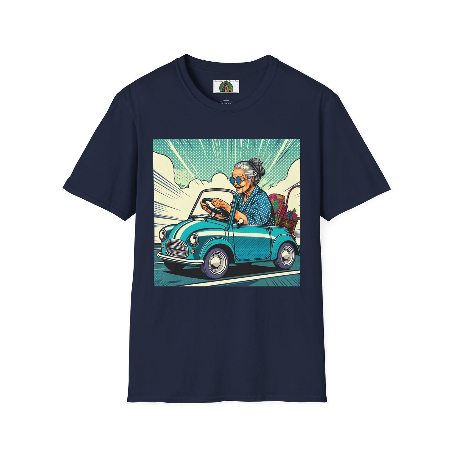Old Lady in a Wacky Little Car T-Shirt Printify Navy S