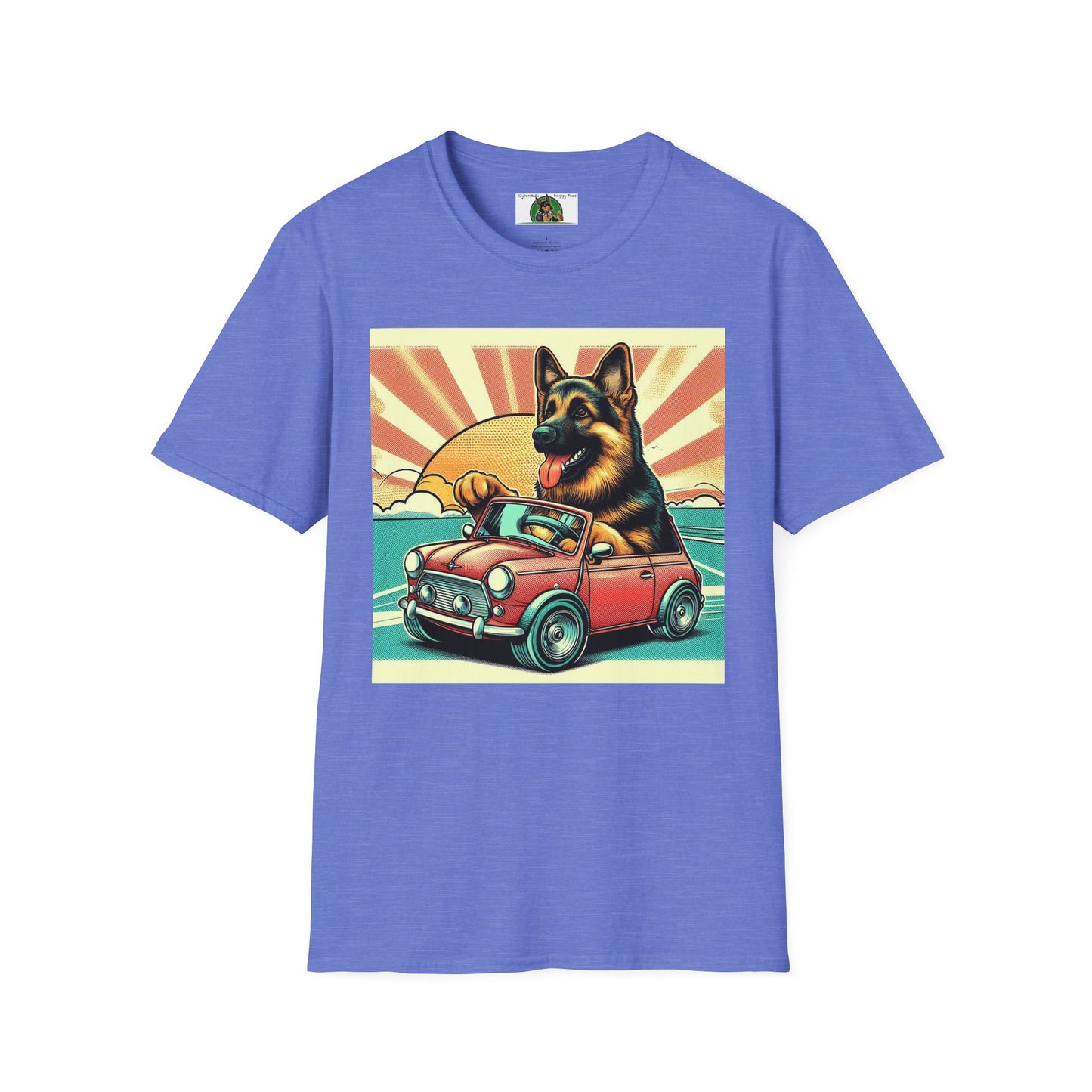 German Shepherd in a Wacky Little Car T-Shirt Printify Heather Royal S
