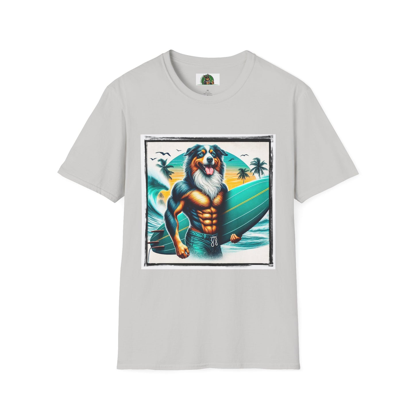 Australian Shepherd Turquoise Surf Board Beach Dog T-Shirt Printify S Ice Grey