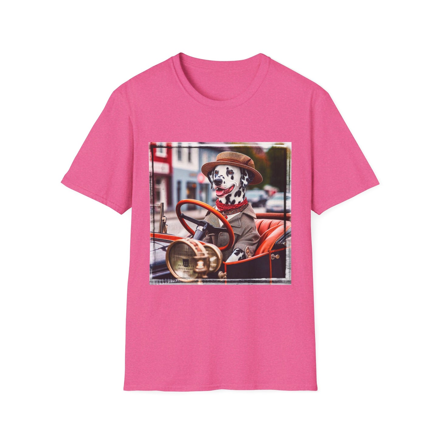 Dalmatian driving and cruising t shirt T-Shirt Printify S Heather Heliconia