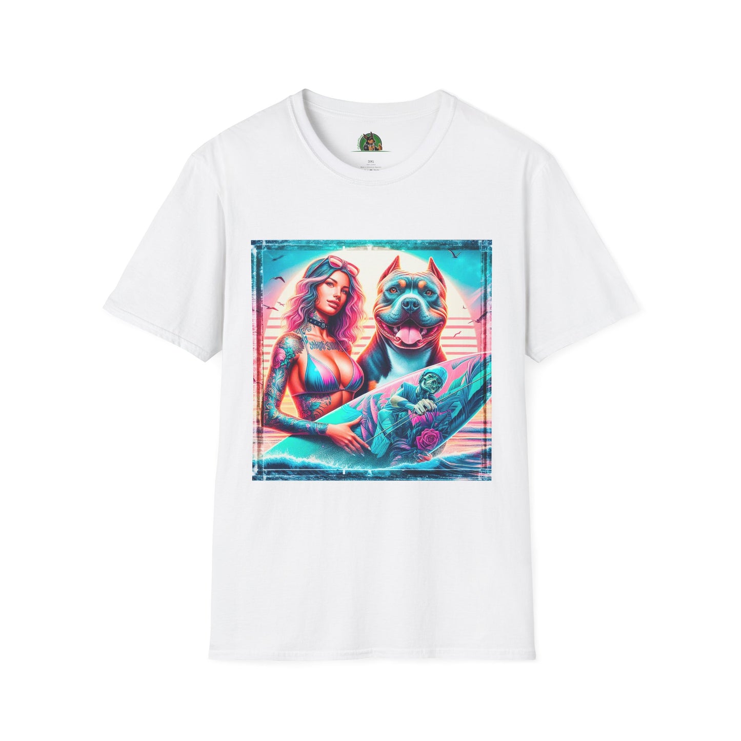 Pit Bull surfer and girl T-Shirt Printify XS White