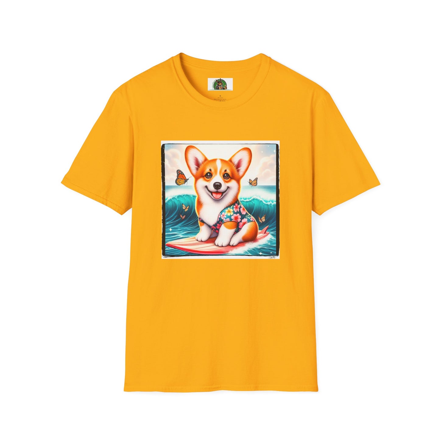 Pembroke Welsh Corgi surfing puppy T-Shirt Printify S Gold