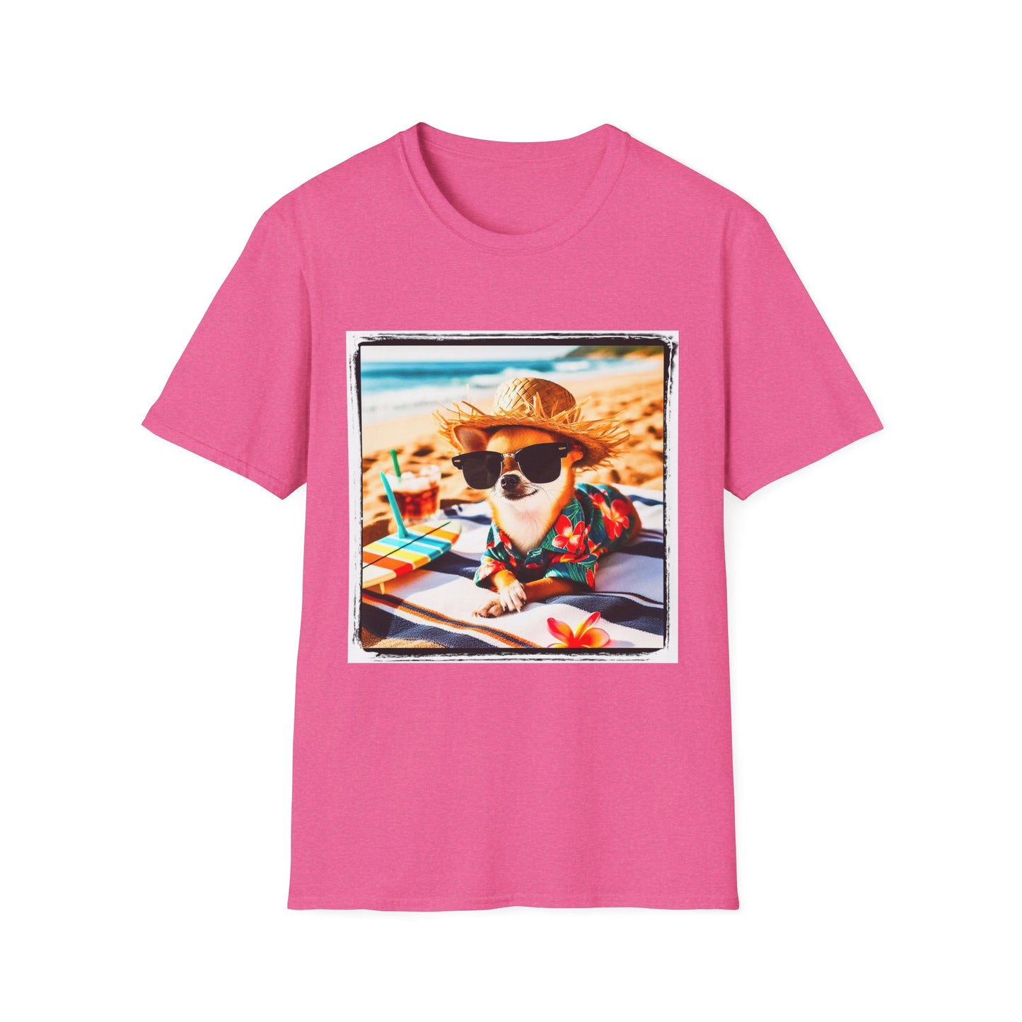 Chihuahua beach scene t shirt T-Shirt Printify S Heather Heliconia