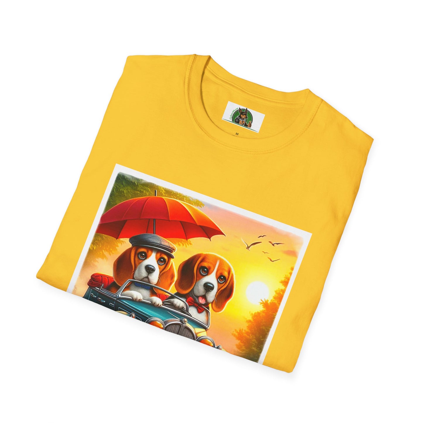 Wacky Beagle Couple In Tiny Car T-Shirt Printify