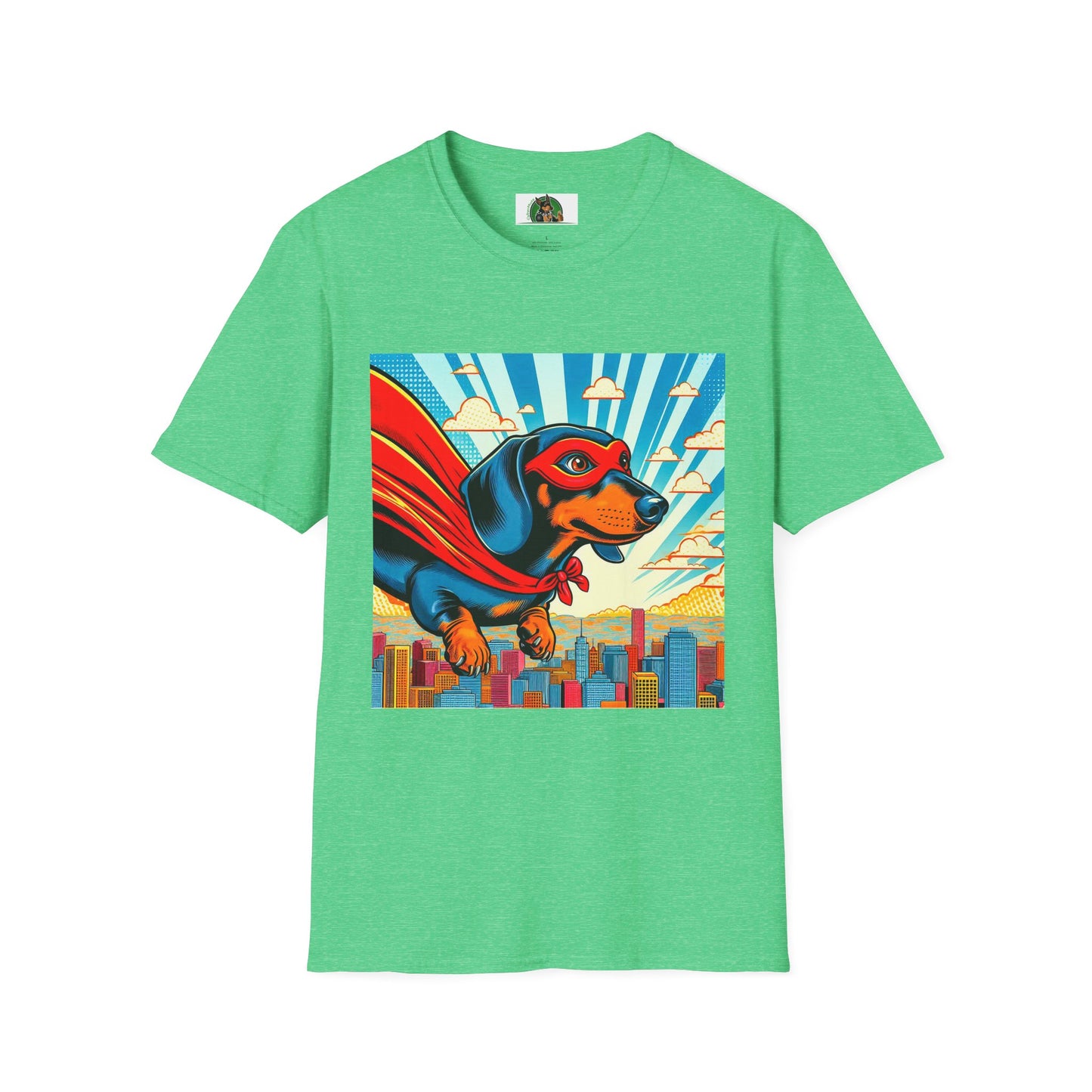 Dachshund flying superhero t shirt T-Shirt Printify Heather Irish Green S
