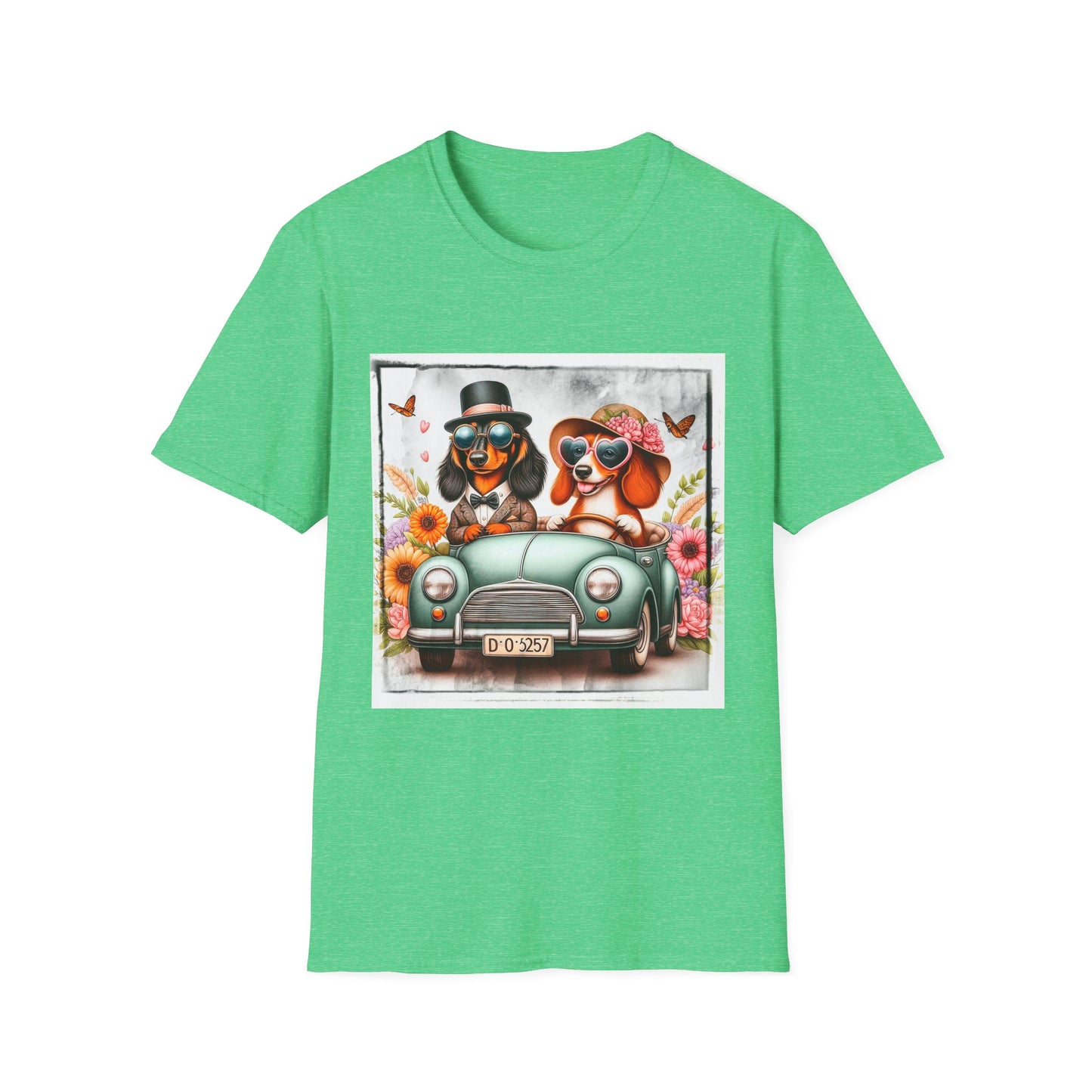 Wacky Dachshund car driving t shirt T-Shirt Printify S Heather Irish Green
