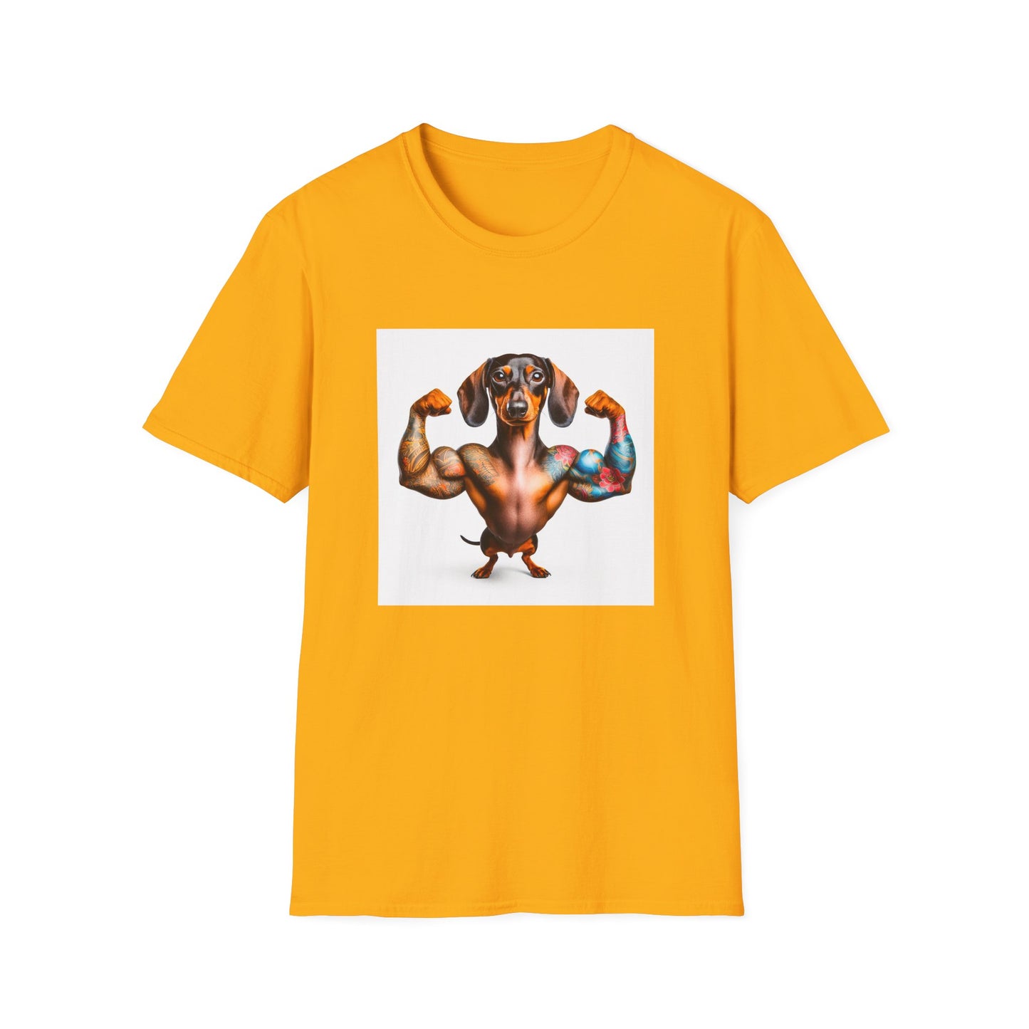 Dachshund muscles man t shirt T-Shirt Printify S Gold