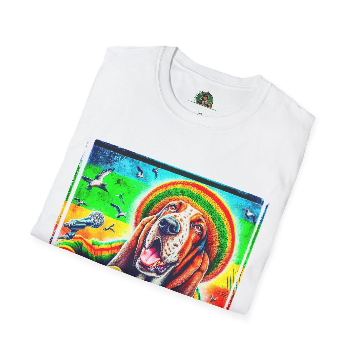 Basset Hound Rasta Dog Playing Guitar T-Shirt Printify