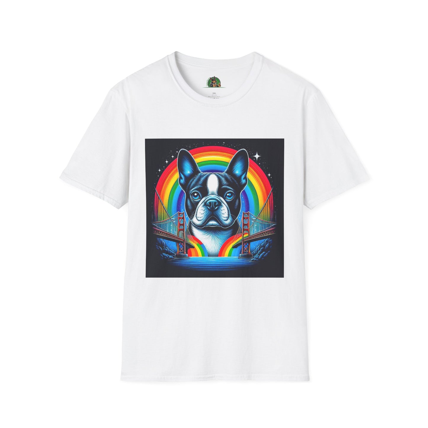 Boston Terrier Dog Overlooking Rainbow Bridge T-Shirt Printify S White