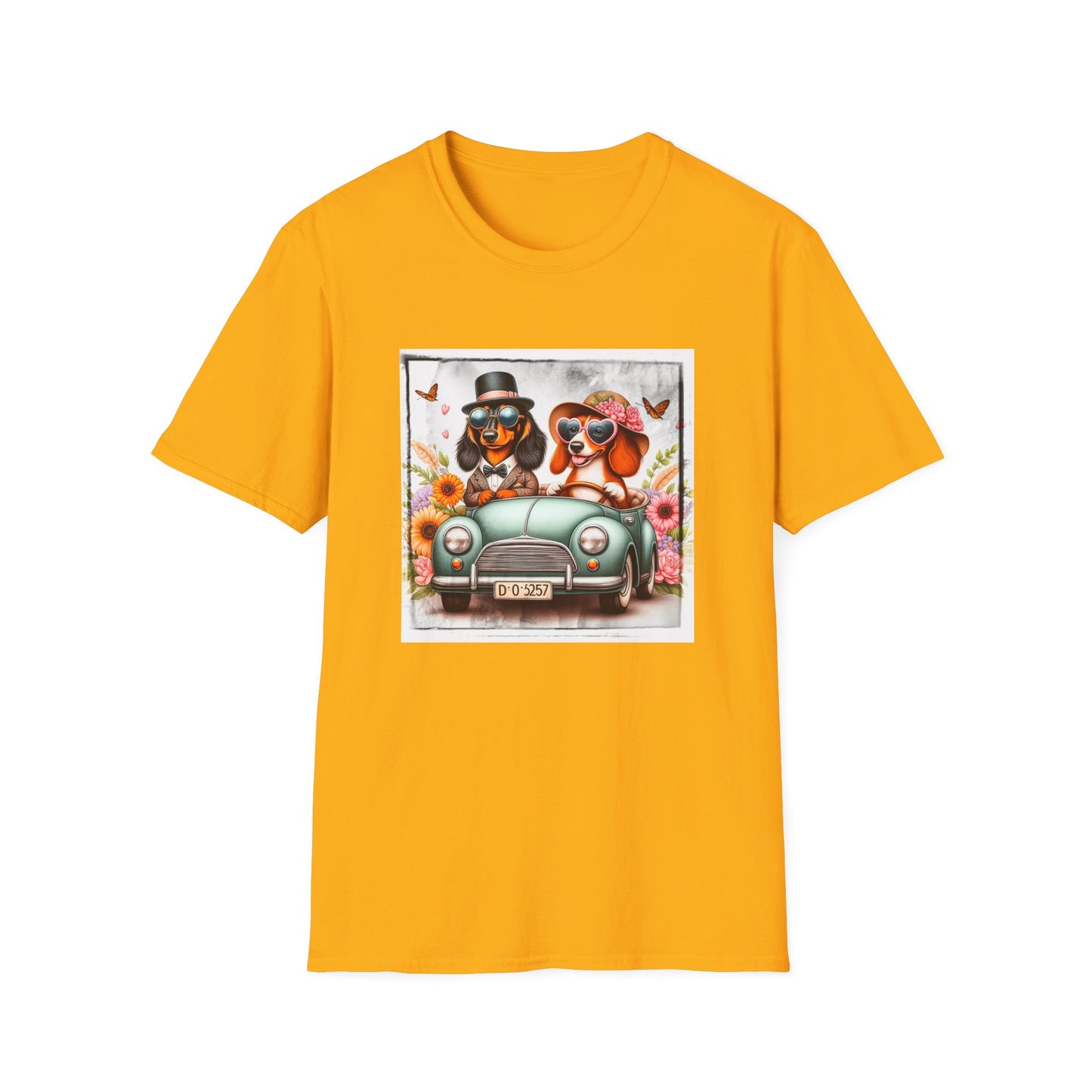 Wacky Dachshund car driving t shirt T-Shirt Printify S Gold