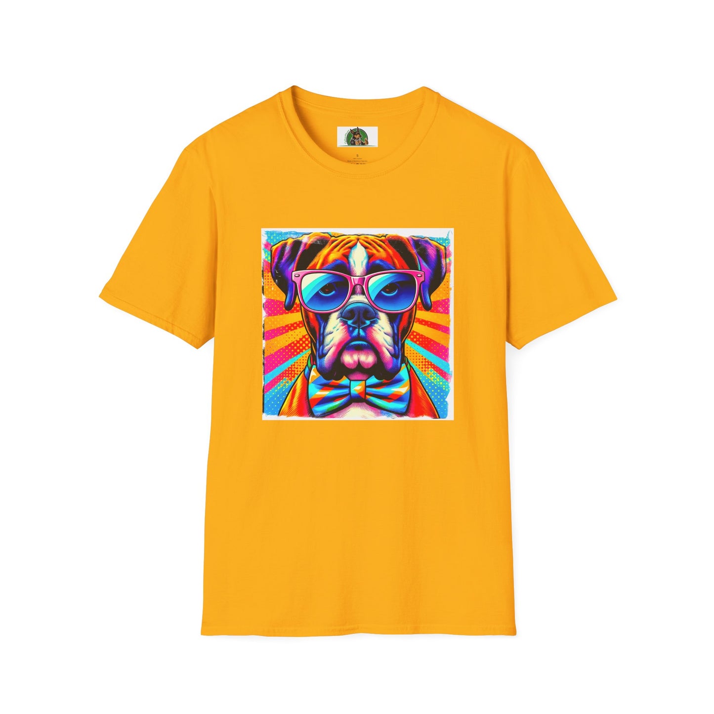 Boxer Pop Art Dog Wearing Glasses T-Shirt T-Shirt Printify S Gold