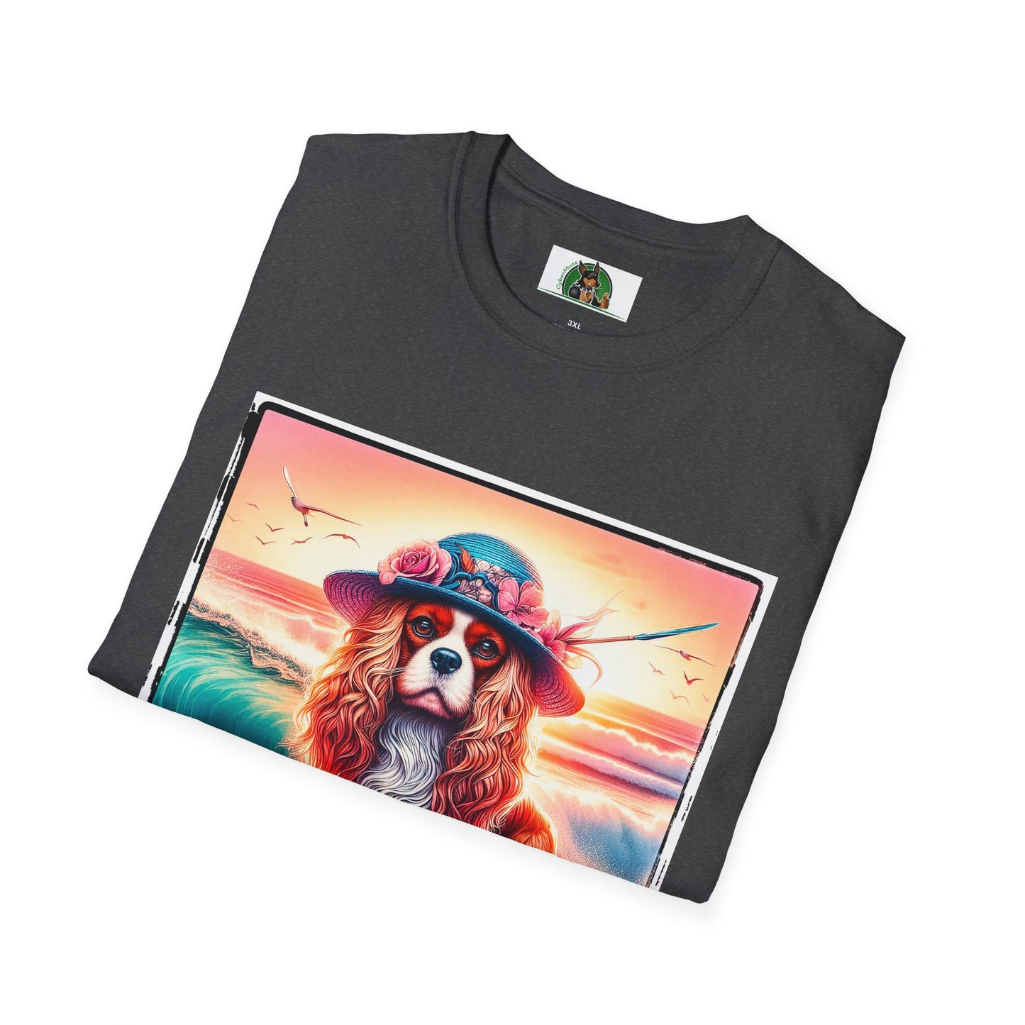 Cavalier King Charles Spaniel Female Surfing Dog With Summer Hat TShirt T-Shirt Printify