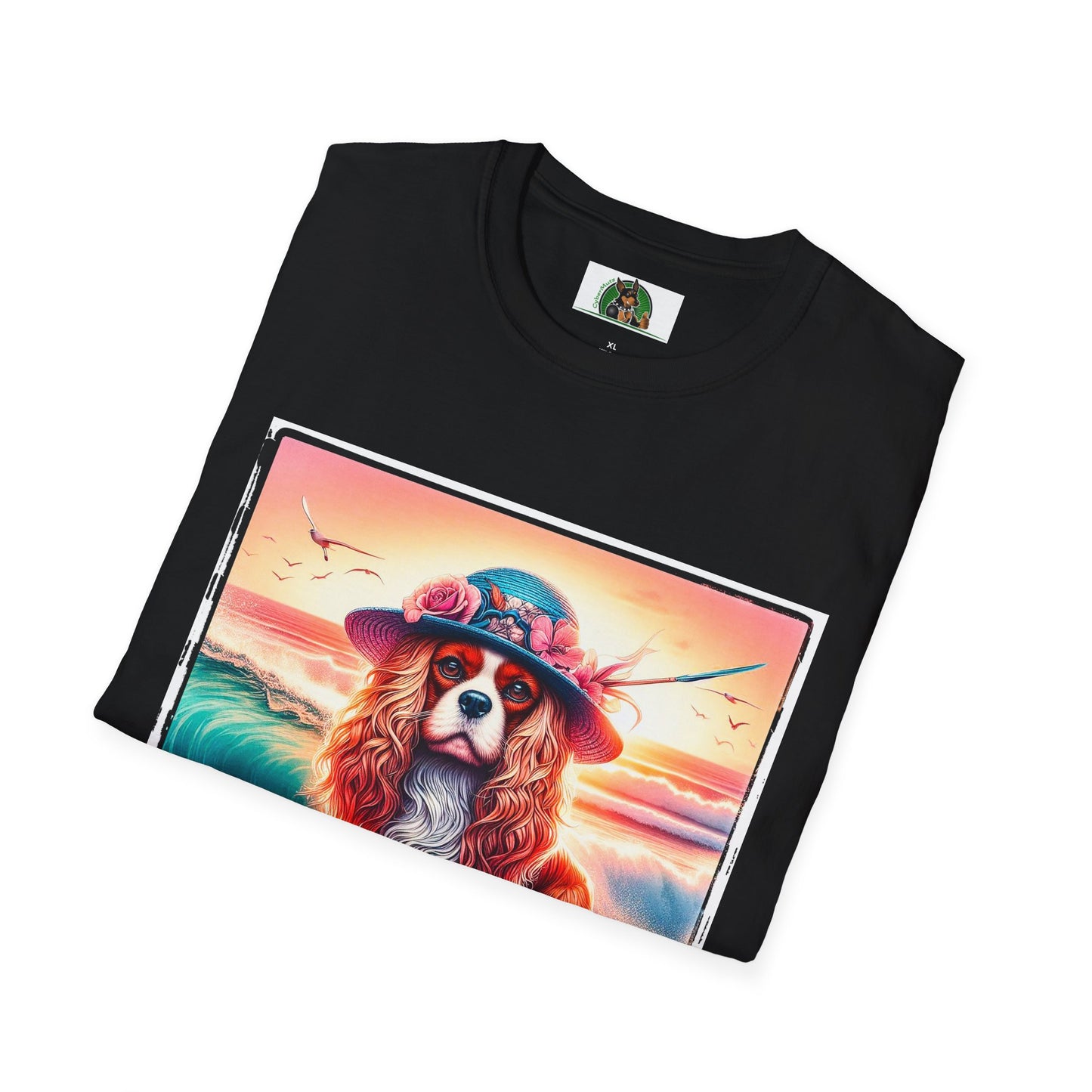 Cavalier King Charles Spaniel Female Surfing Dog With Summer Hat TShirt T-Shirt Printify
