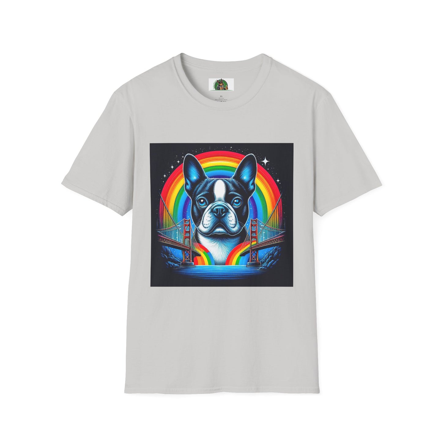 Boston Terrier Dog Overlooking Rainbow Bridge T-Shirt Printify S Ice Grey