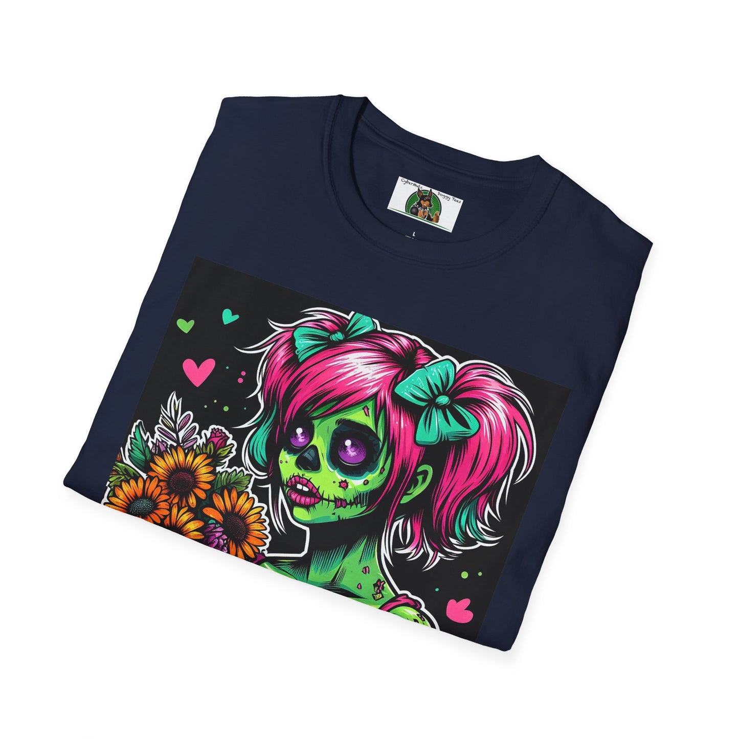 Zombie Pinup Girl with Flowers T-Shirt Printify