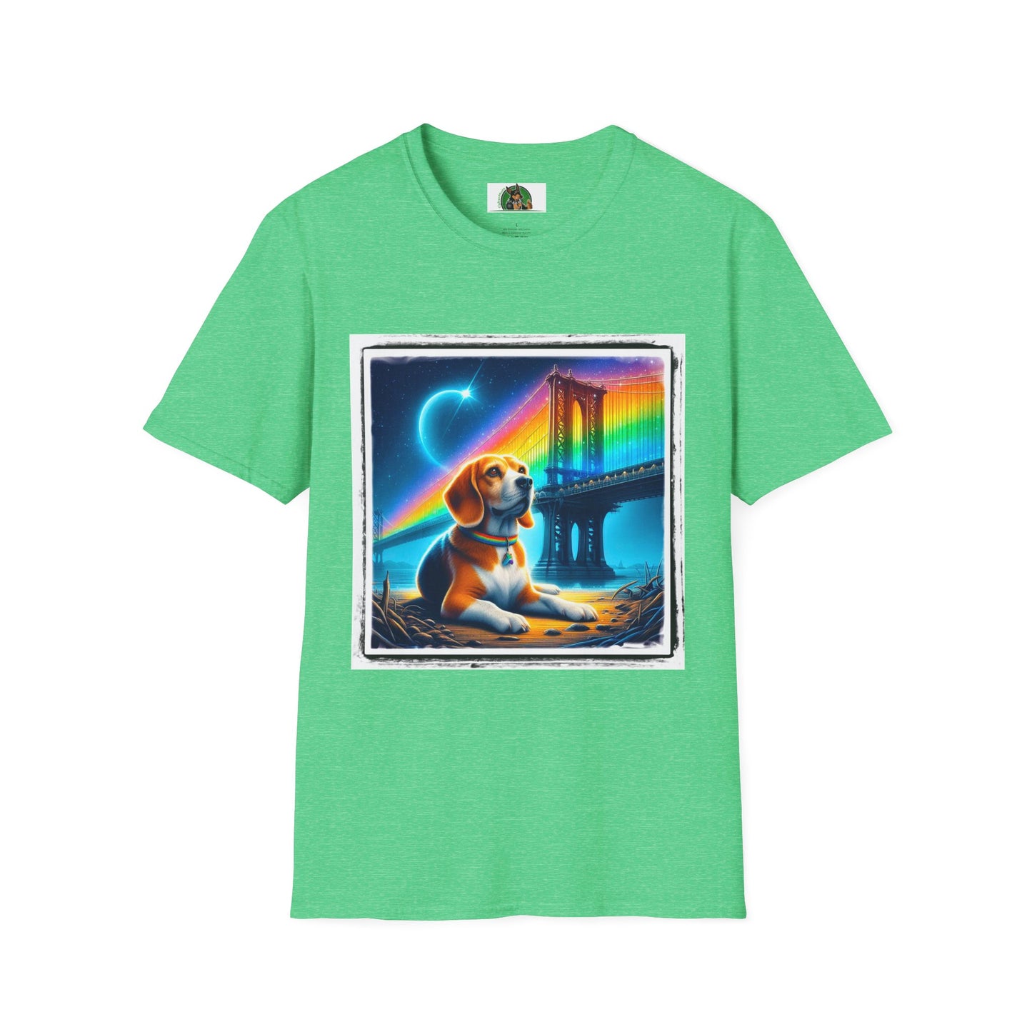 Beagle Sitting Under Rainbow Bridge T-Shirt Printify S Heather Irish Green