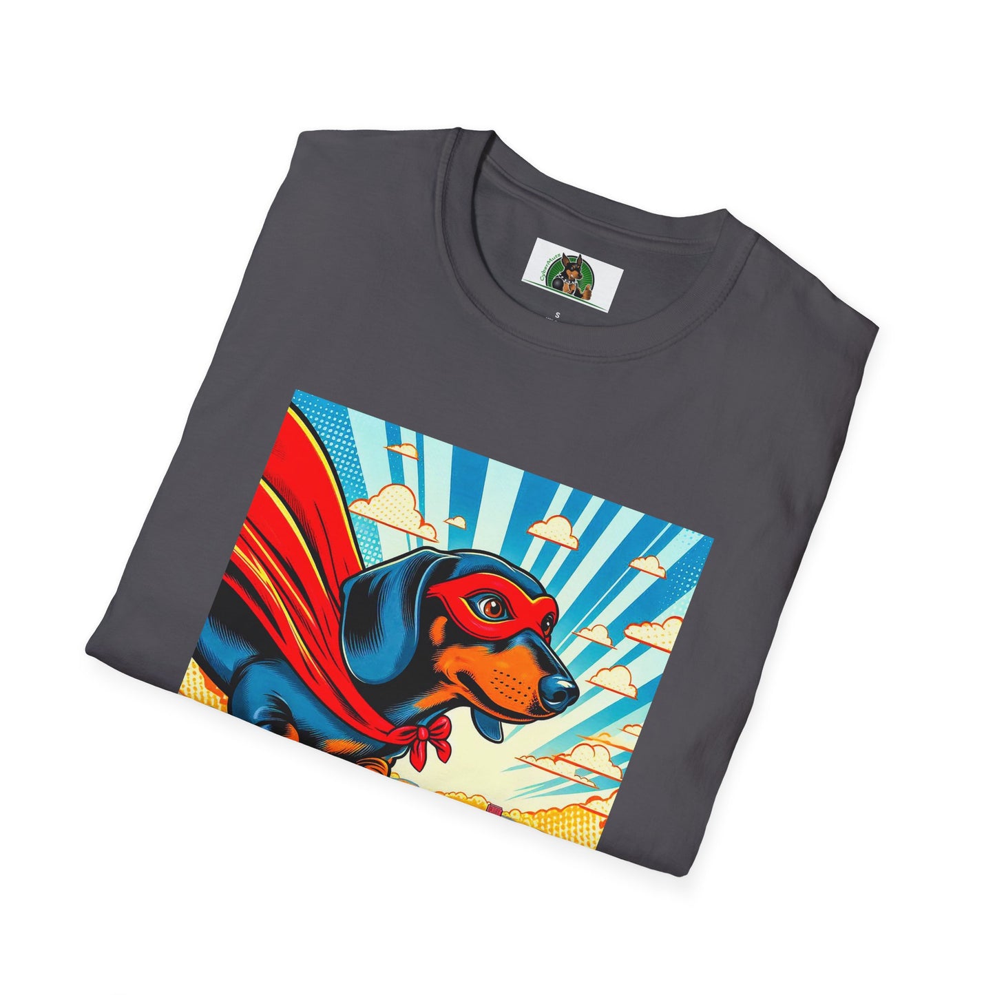 Dachshund flying superhero t shirt T-Shirt Printify