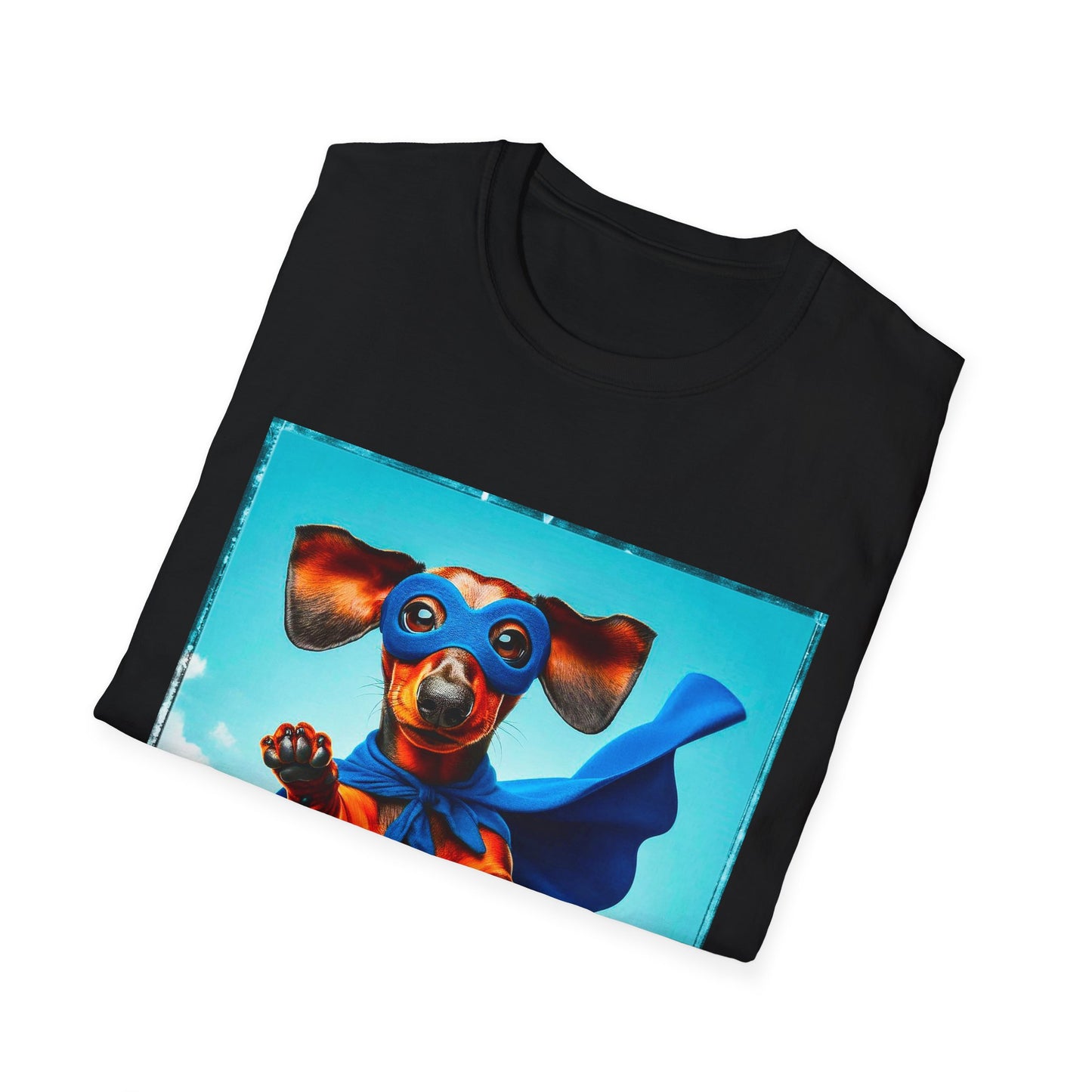 Dachshund flying superhero t shirt T-Shirt Printify