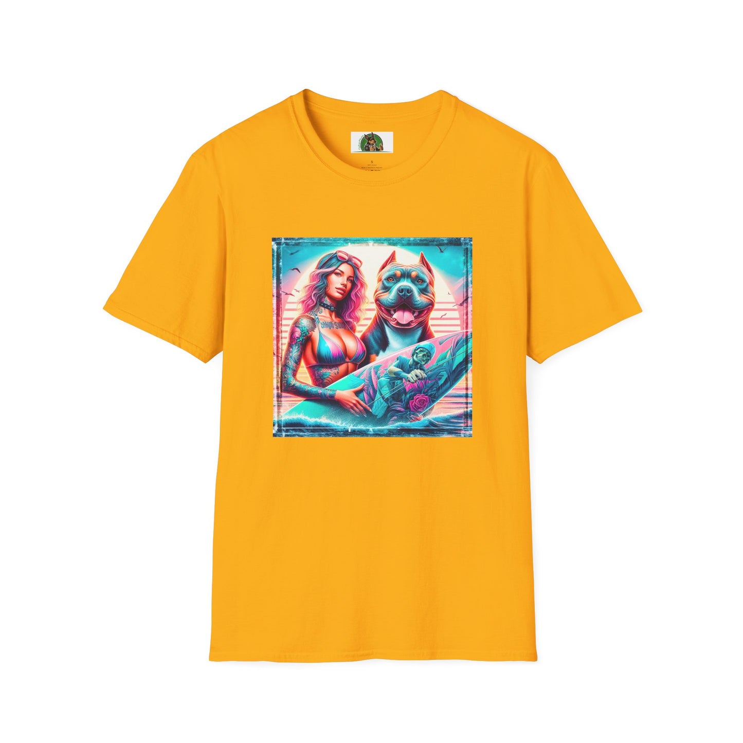 Pit Bull surfer and girl T-Shirt Printify S Gold