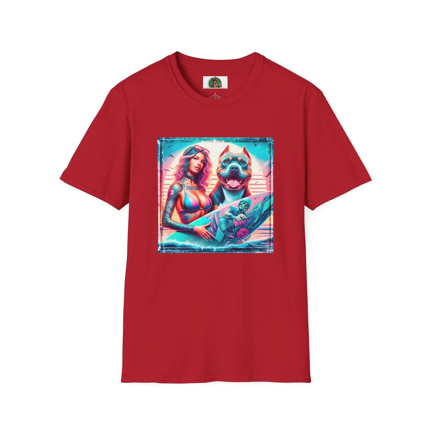 Pit Bull surfer and girl T-Shirt Printify S Cherry Red