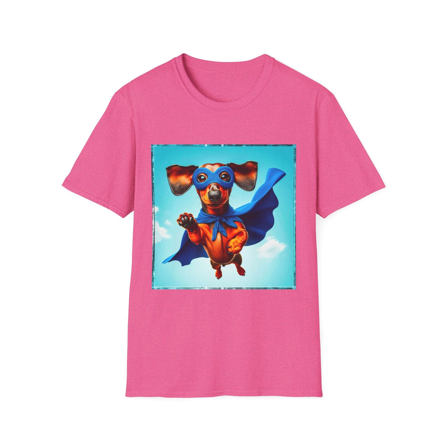 Dachshund flying superhero t shirt T-Shirt Printify S Heather Heliconia