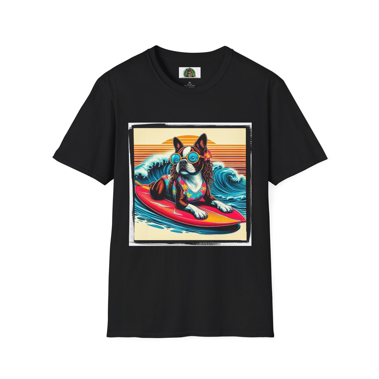Boston Terrier Surfer Dog T-Shirt Printify XS Black