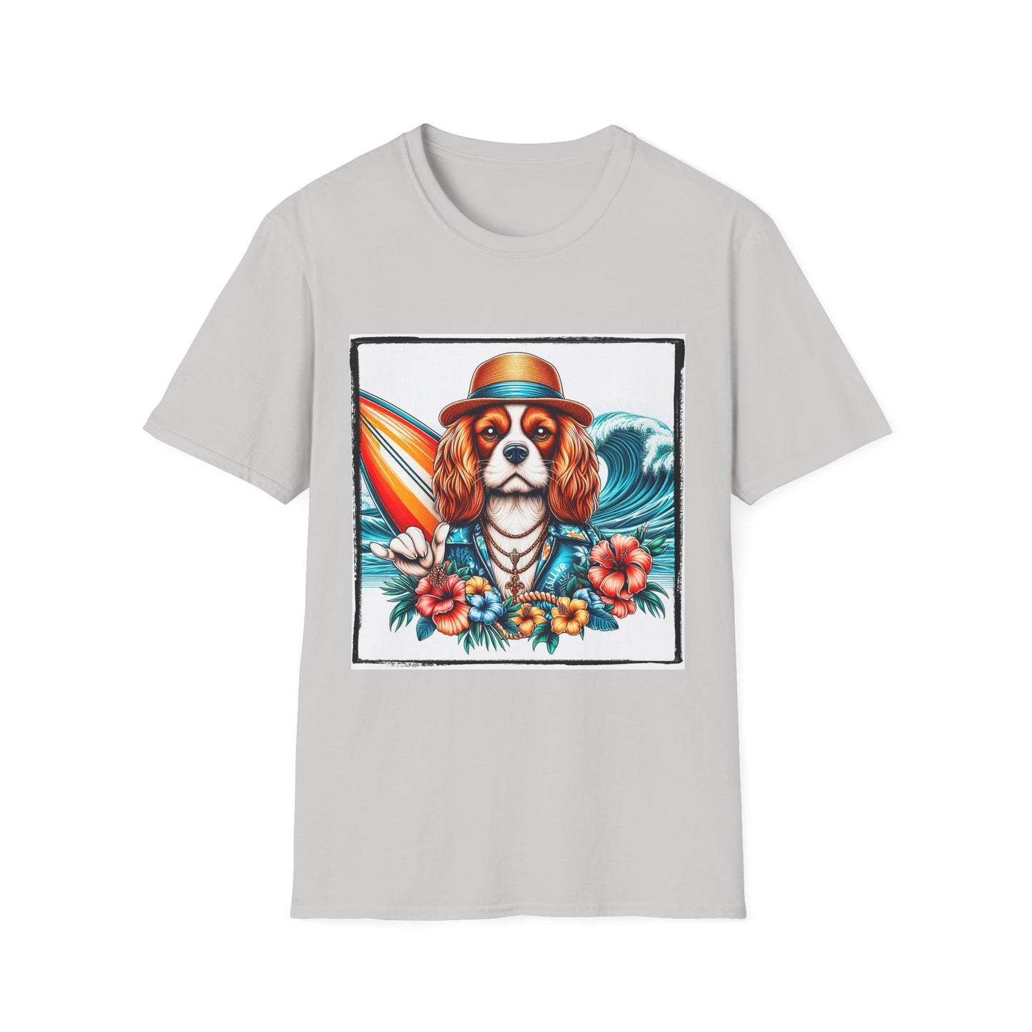 Cavalier King Charles Spaniel Hang Ten Surfer Dog TShirt T-Shirt Printify S Ice Grey