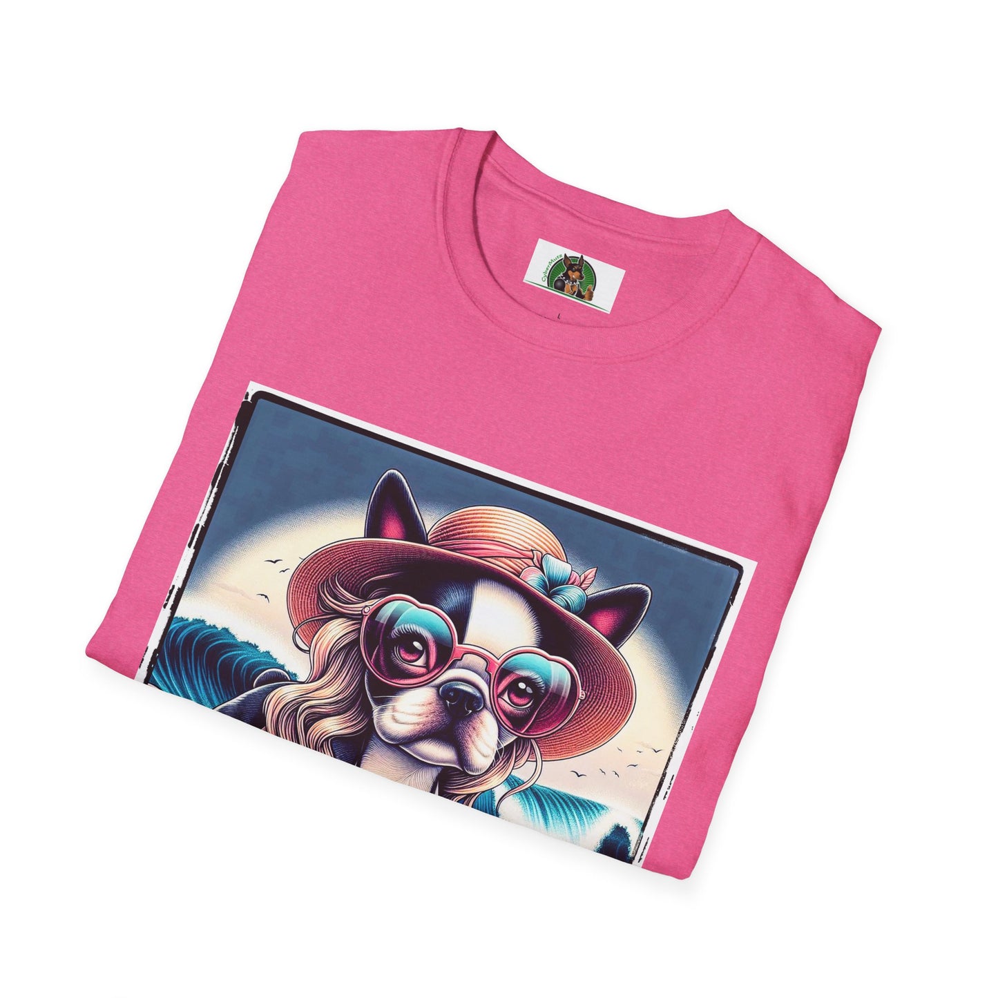 Boston Terrier Blonde Surfer Girl Dog T-Shirt Printify