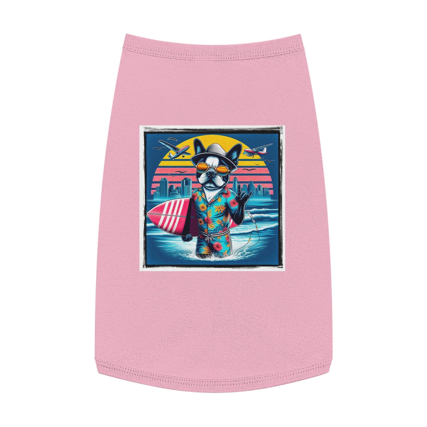 Pet Tank Top Boston Terrier Surfer Dog At Beach Pets Printify L Pink