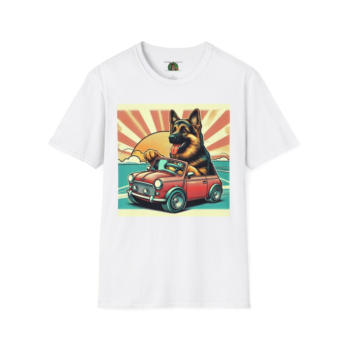 German Shepherd in a Wacky Little Car T-Shirt Printify White S