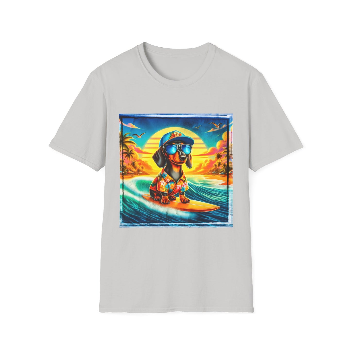 Dachshund surfing t shirt T-Shirt Printify S Ice Grey
