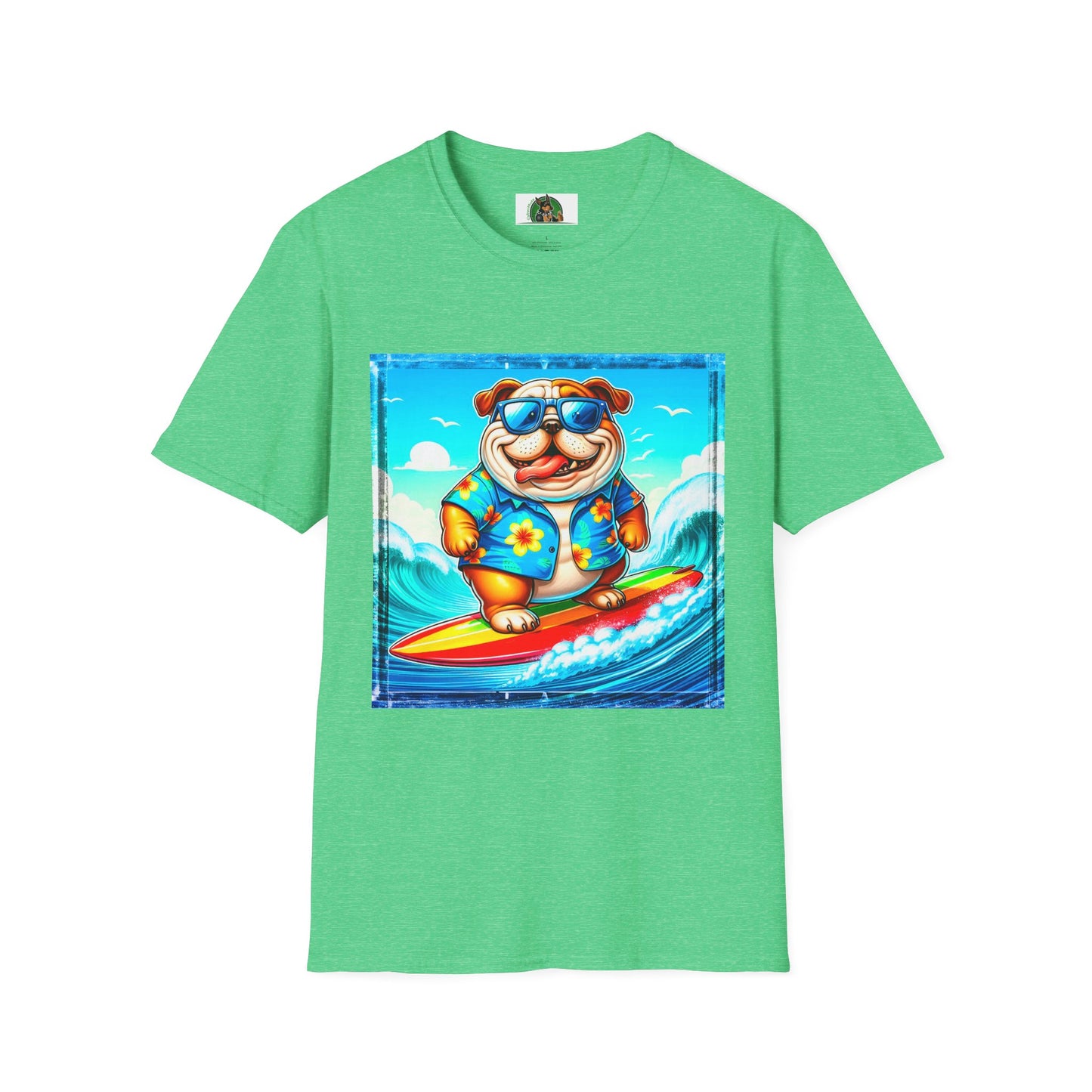 Bulldog surfing fun t shirt T-Shirt Printify S Heather Irish Green