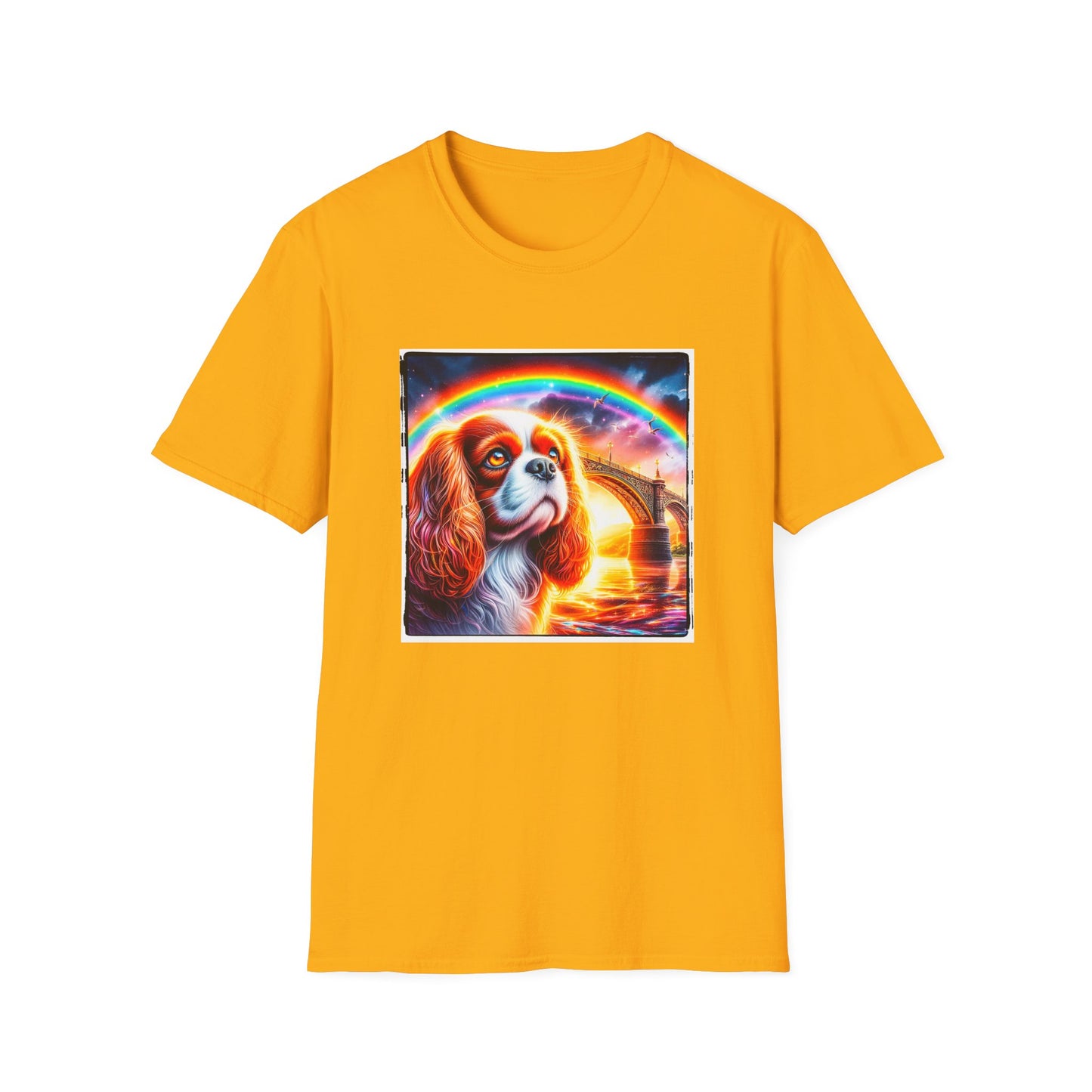 Cavalier King Charles Spaniel Rainbow Bridge TShirt T-Shirt Printify S Gold