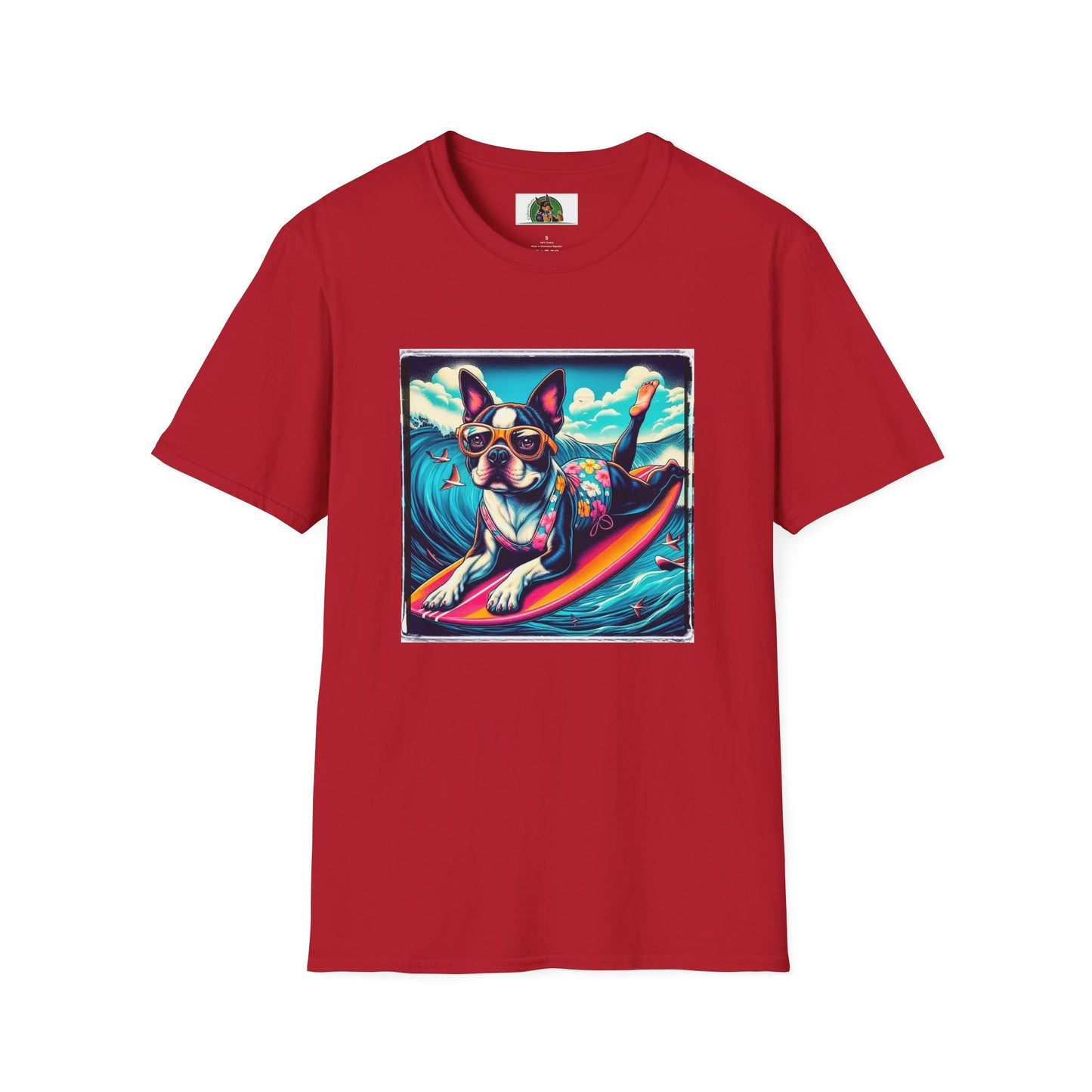 Boston Terrier Surfer Girl Shirt T-Shirt Printify S Cherry Red