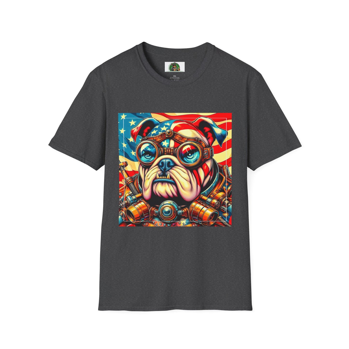 Bulldog Steampunk American Flag T-Shirt Printify XS Dark Heather
